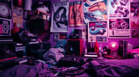 A captivating close-up reveals a messy bedroom bathed in deep ultraviolet hues.  The scene is rich with detail, showcasing a 