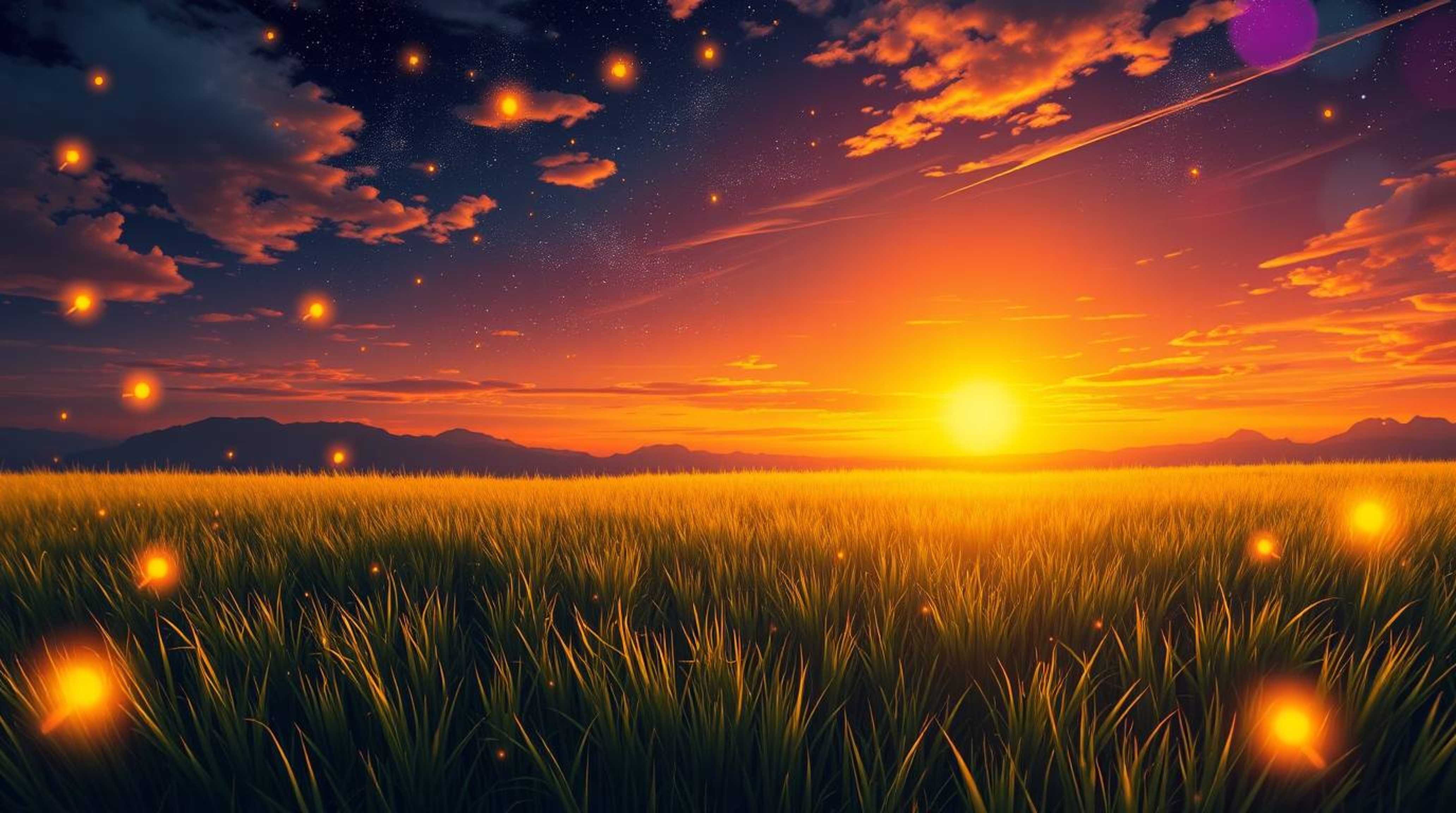 Experience the serene beauty of a sunset over a tranquil meadow, captured in a stunning overhead digital illustration.  As tw