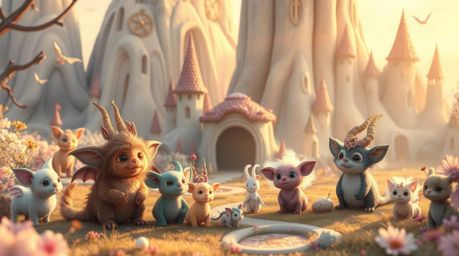 Immerse yourself in a whimsical fantasy kingdom brimming with quirky magical creatures, all bathed in the soft glow of pastel