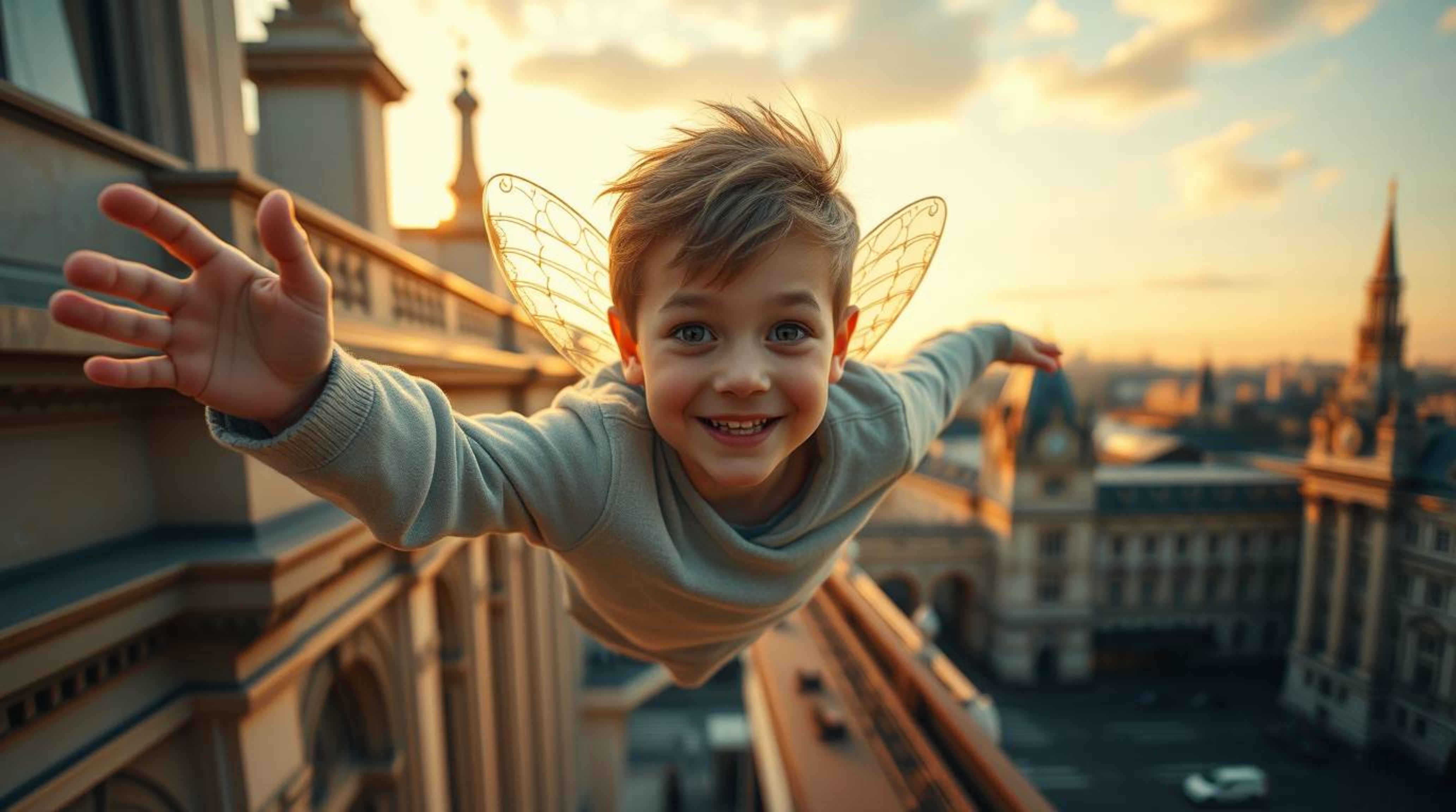 Stunning architectural color photography bathed in the warm glow of the golden hour. Imagine a young boy, dusted with pixie d