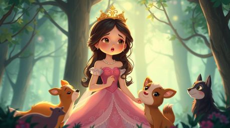 This high-resolution stock photo depicts a princess singing with forest animals in a charming vintage 2D animation style. The