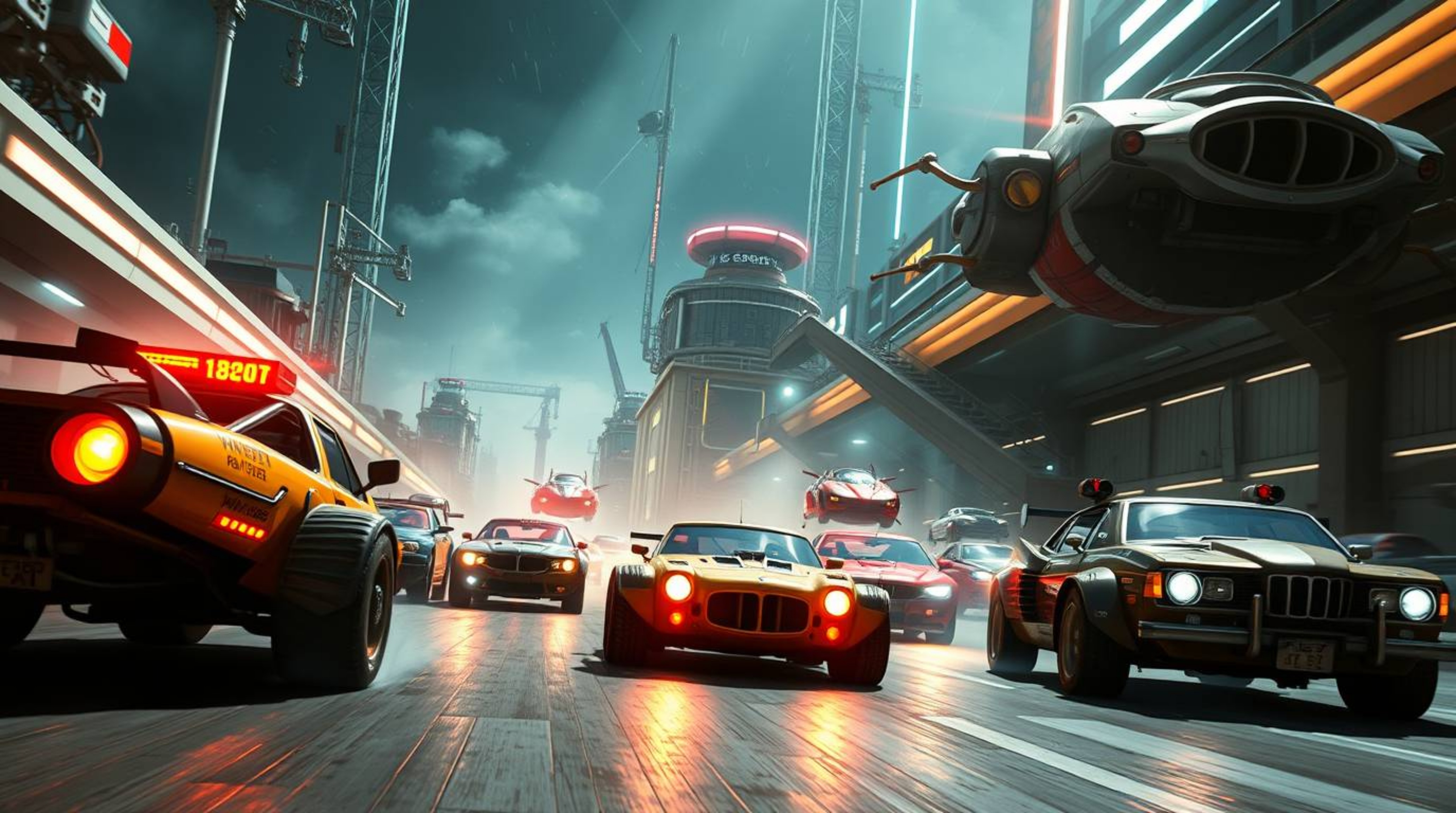 Experience a thrilling, heroic-scale racing scene set in a vibrant, modern future.  Witness outlandish cars competing in a wa