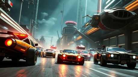 Experience a thrilling, heroic-scale racing scene set in a vibrant, modern future.  Witness outlandish cars competing in a wa