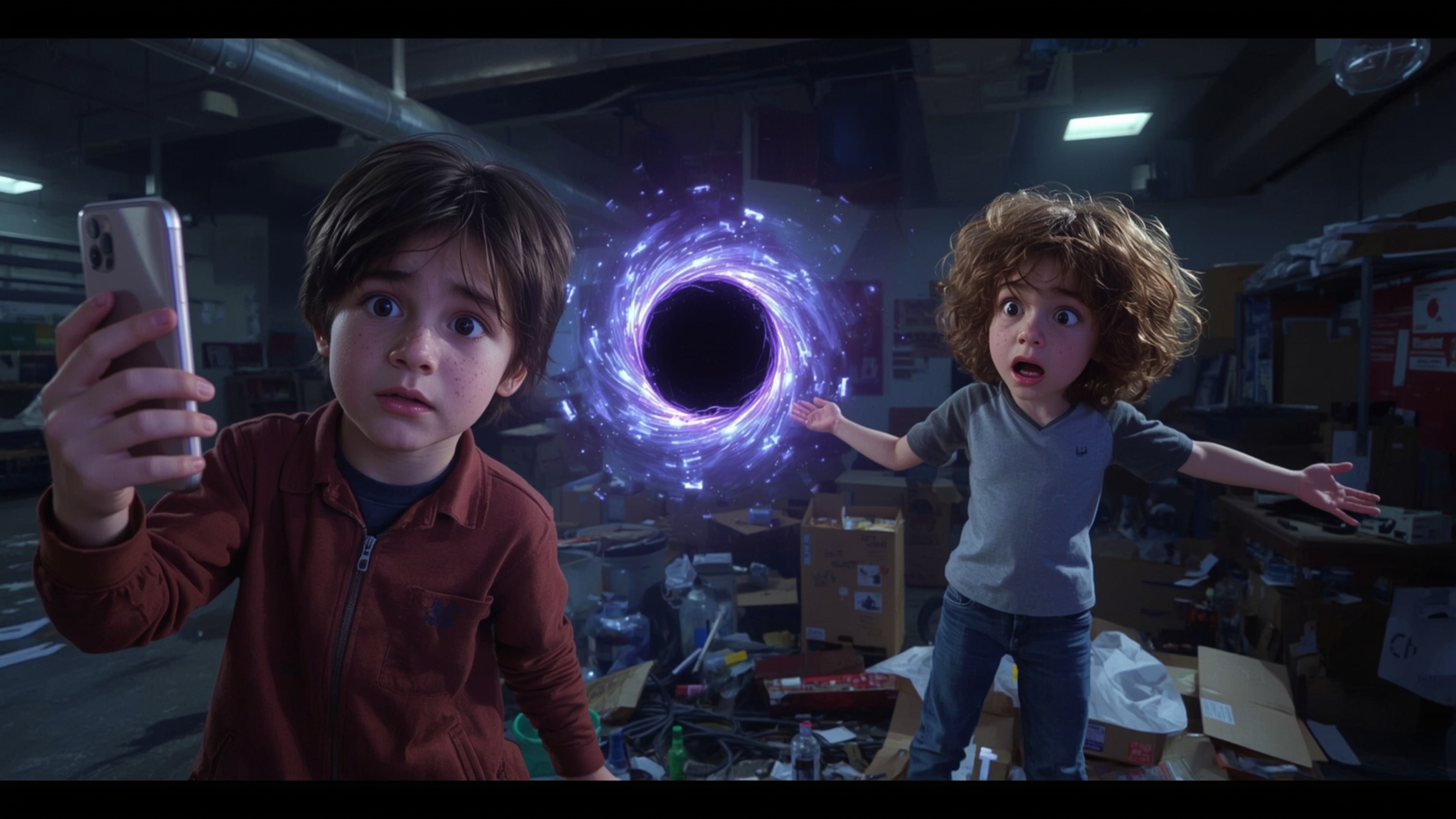 In a highly detailed, cinematic photograph reminiscent of Pixar's vibrant style, a science fair duo has accidentally created 