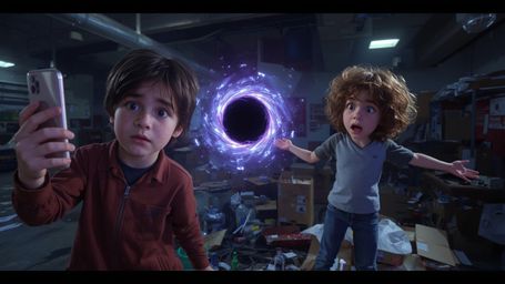 In a highly detailed, cinematic photograph reminiscent of Pixar's vibrant style, a science fair duo has accidentally created 
