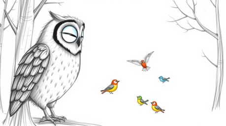 A charming hand-drawn sketch in the style of Pixar depicts a blind owl patiently instructing a flock of colorful birds on the
