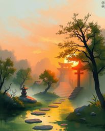 Ethereal spiritual vibe, a digital sketch of a serene Zen garden at sunset, using loose painterly strokes, a dynamic composit