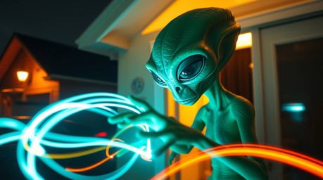Explore a dynamic world where an alien with three eyes and green skin resides in a suburban house, captured through motion cr