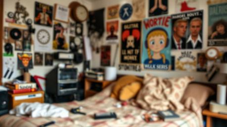 A captivating image of a messy bedroom, featuring unique gadgets and posters. The photo boasts a shallow depth of field with 