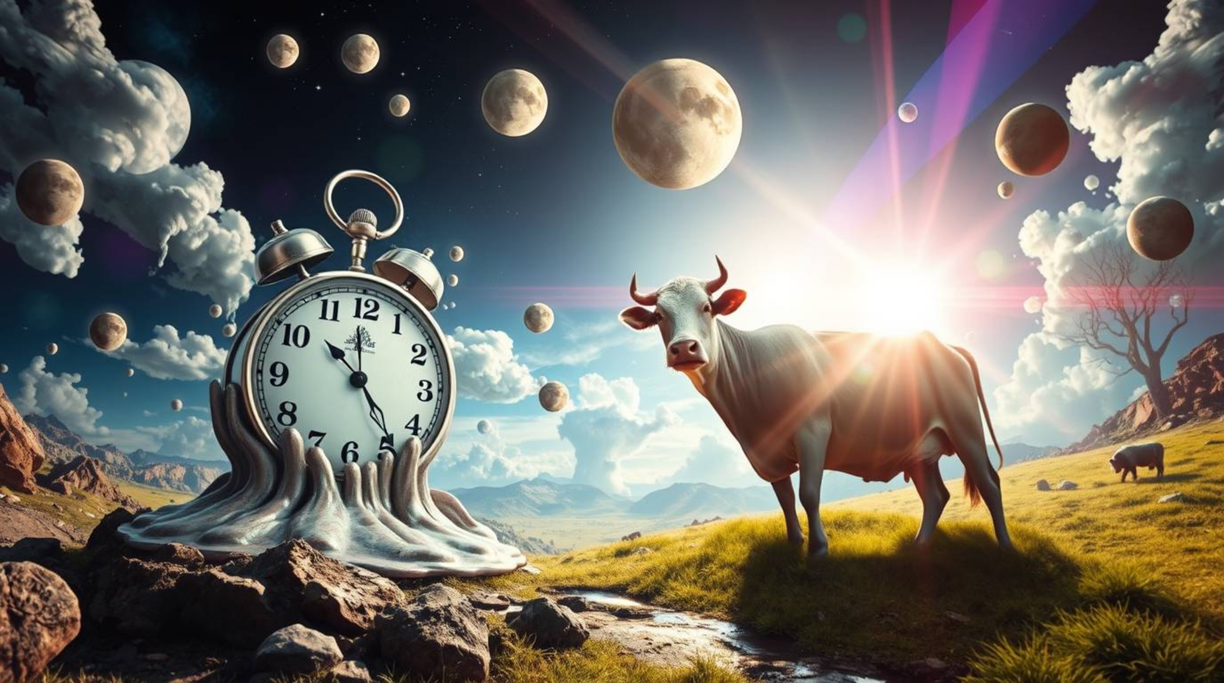 Explore a surreal dreamscape filled with melting clocks and floating cows, brought to life with fantastical elements and biza