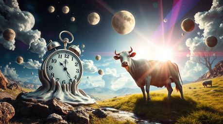 Explore a surreal dreamscape filled with melting clocks and floating cows, brought to life with fantastical elements and biza