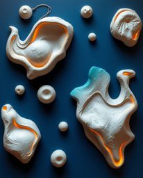 Explore a captivating world of sculptural clay art featuring futuristic 3D fluid shapes illuminated with glowing edges agains