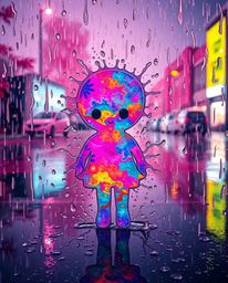 Explore the captivating beauty of surreal infrared tones in a wet, rainy scene. Colorful splash patterns converge to form an 
