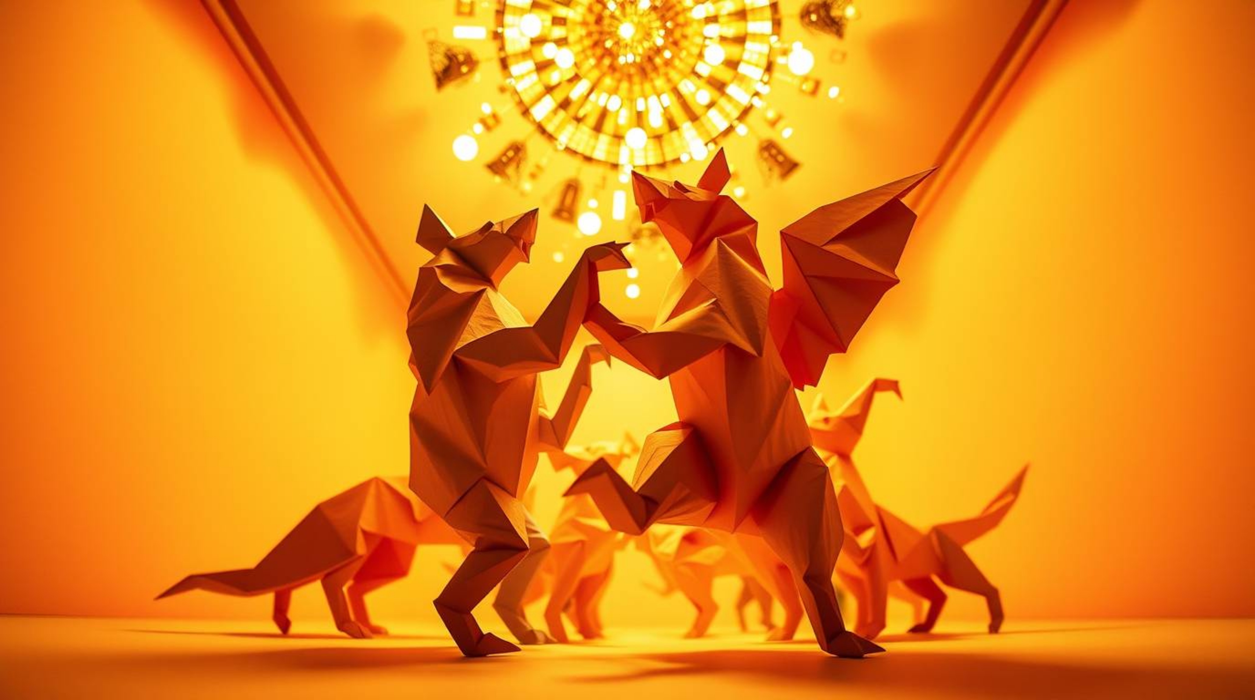 Experience a whimsical origami-style animal dance party bathed in vibrant disco lights. This low-angle perspective showcases 