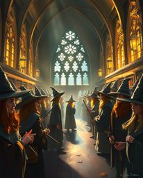 Immerse yourself in a magical school bathed in radiant golden light, where young wizards hone their skills in an atmosphere o