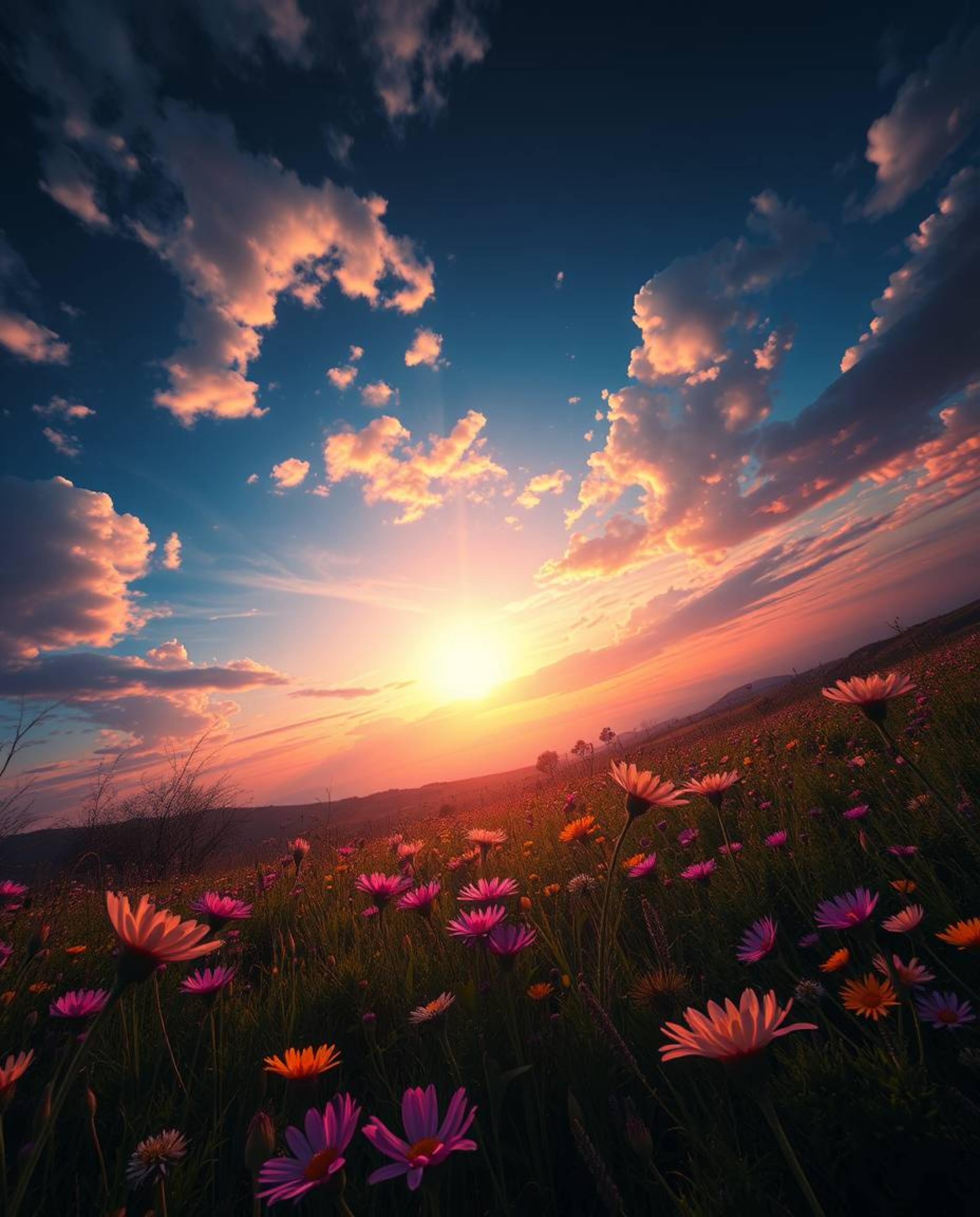 A high-angle, dreamlike, and surreal depiction of a sunset over a spring wildflower meadow. This artwork, seen from an elevat