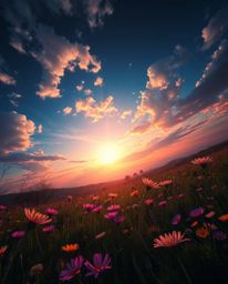 A high-angle, dreamlike, and surreal depiction of a sunset over a spring wildflower meadow. This artwork, seen from an elevat