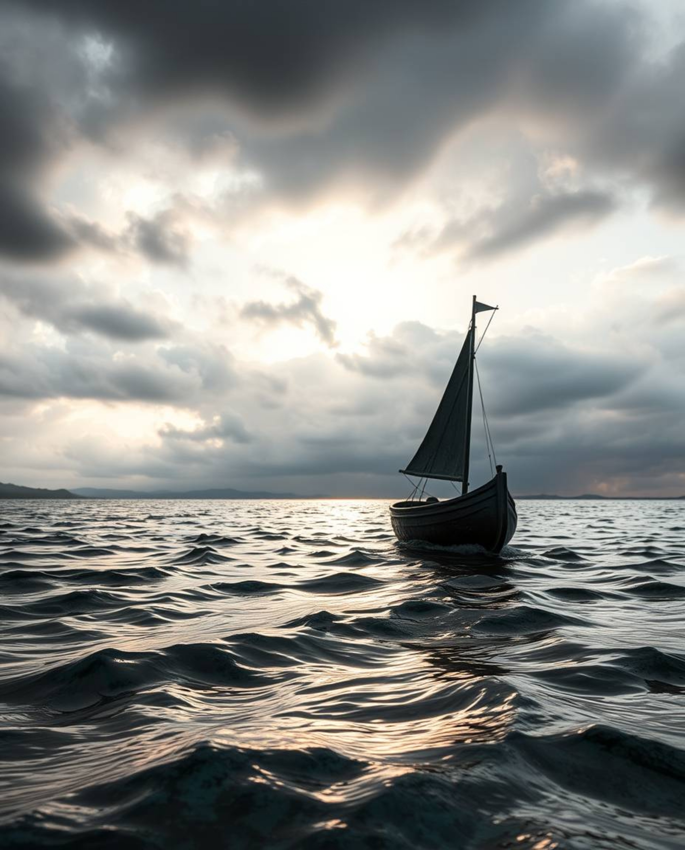 A cast bronze sculpture depicts a boat adrift on a lake at sunset, set against a backdrop of stormy skies that create dramati