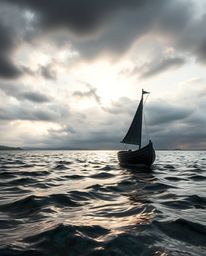 A cast bronze sculpture depicts a boat adrift on a lake at sunset, set against a backdrop of stormy skies that create dramati