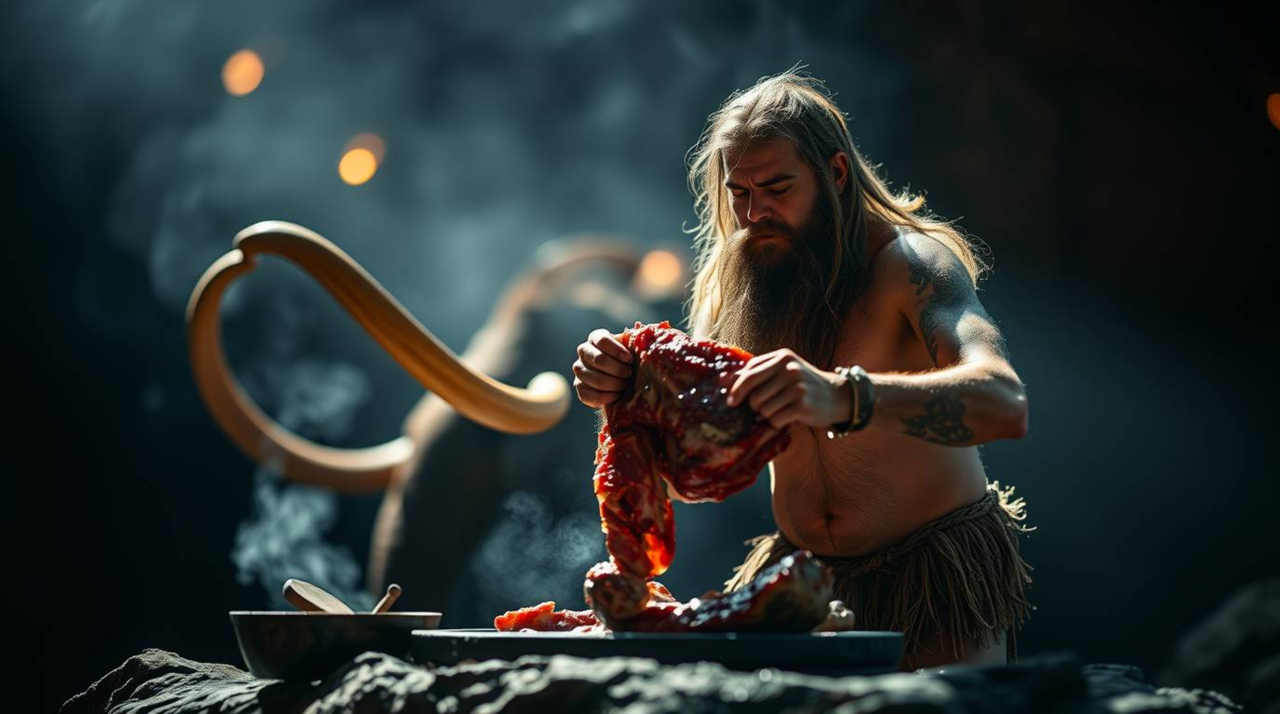 A captivating photograph depicting a caveman skillfully cooking mammoth meat. The image utilizes a blurred bokeh effect, enha