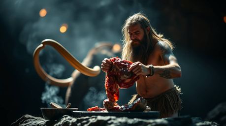 A captivating photograph depicting a caveman skillfully cooking mammoth meat. The image utilizes a blurred bokeh effect, enha