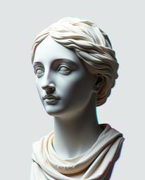 A striking digital artwork showcasing a classical sculpture exquisitely corrupted with a vibrant glitch effect. The piece bal