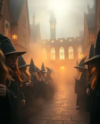 Immerse yourself in the enchanting world of a magical school, captured in a captivating close-up. Young wizards are seen in a