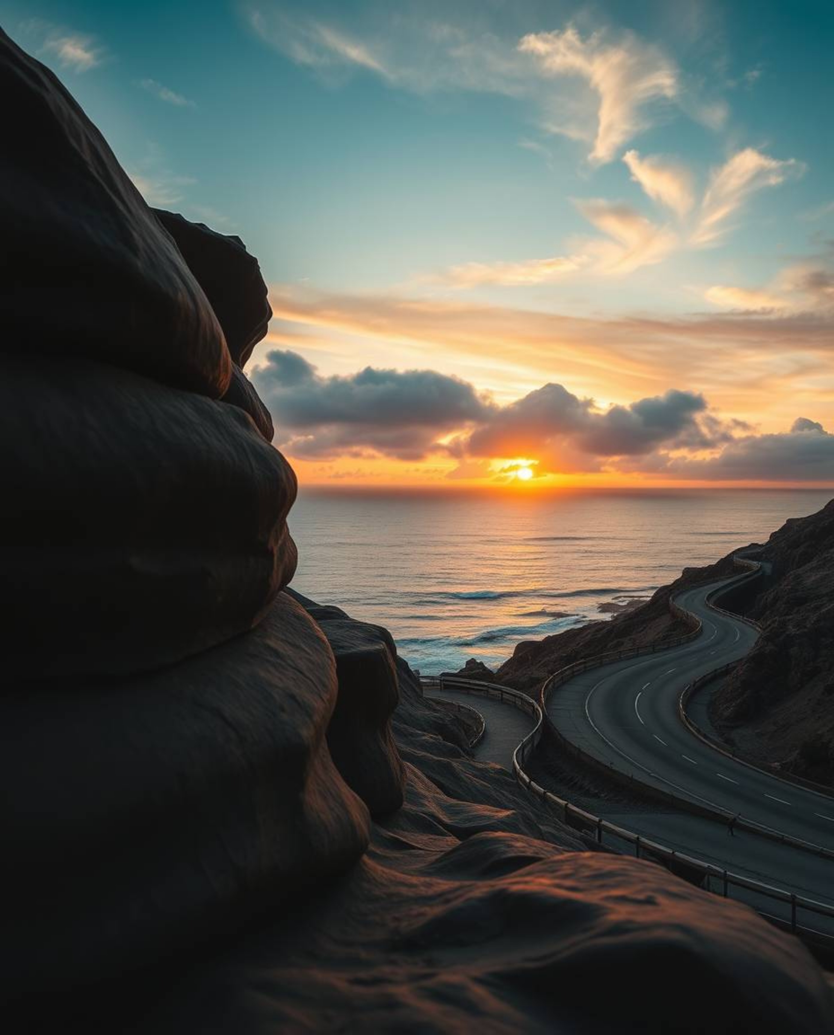 This sculptural clay artwork portrays a sunset sky over a winding coastal highway, employing high contrast and low key lighti