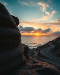 This sculptural clay artwork portrays a sunset sky over a winding coastal highway, employing high contrast and low key lighti