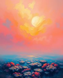 A bold acrylic painting captures a colorful sky over a coral reef at low tide, creating a soft, dreamy atmosphere with a gent