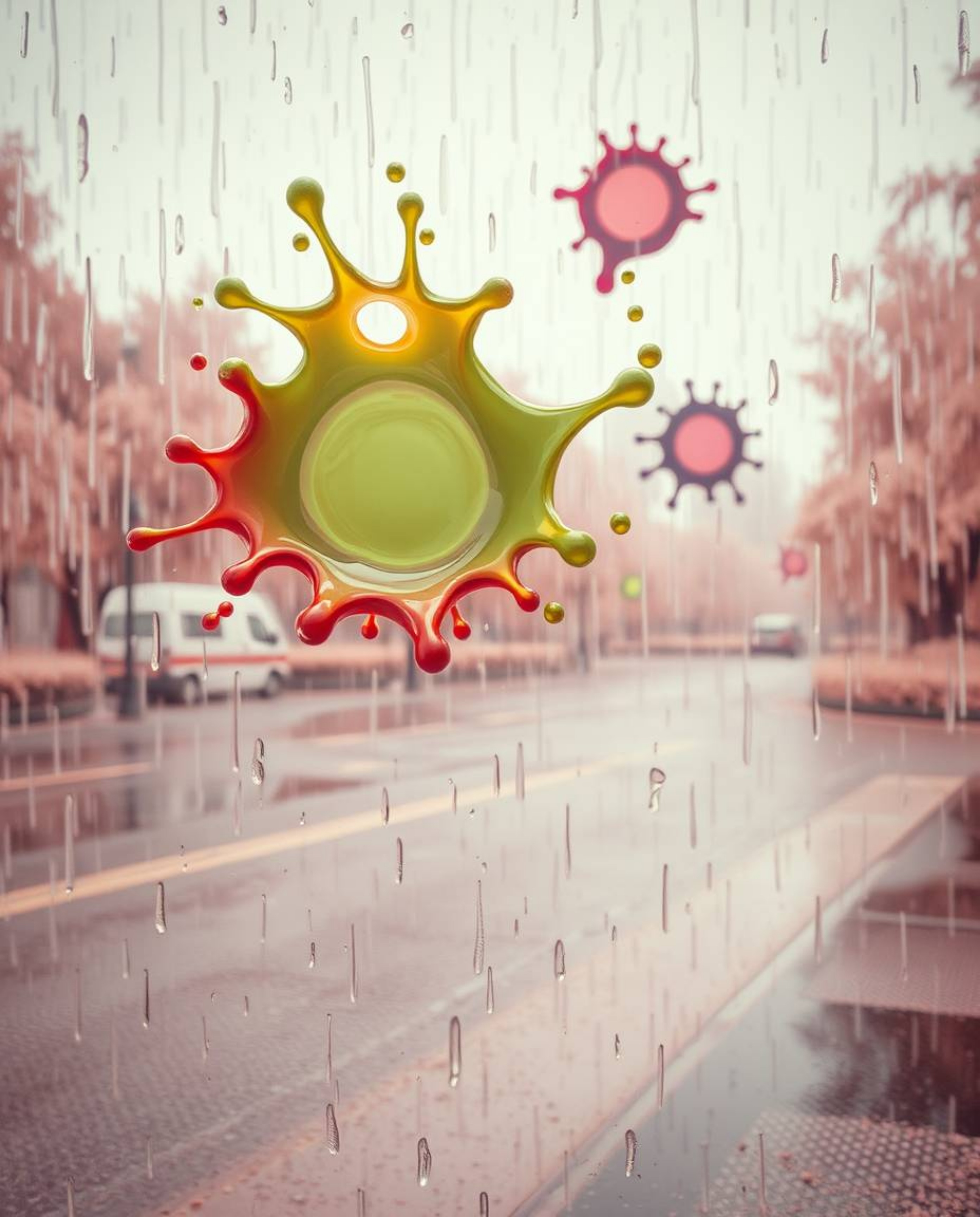 This surreal infrared photograph captures a rainy scene with abstract 3D colorful splash shapes floating in space. The image,