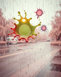 This surreal infrared photograph captures a rainy scene with abstract 3D colorful splash shapes floating in space. The image,