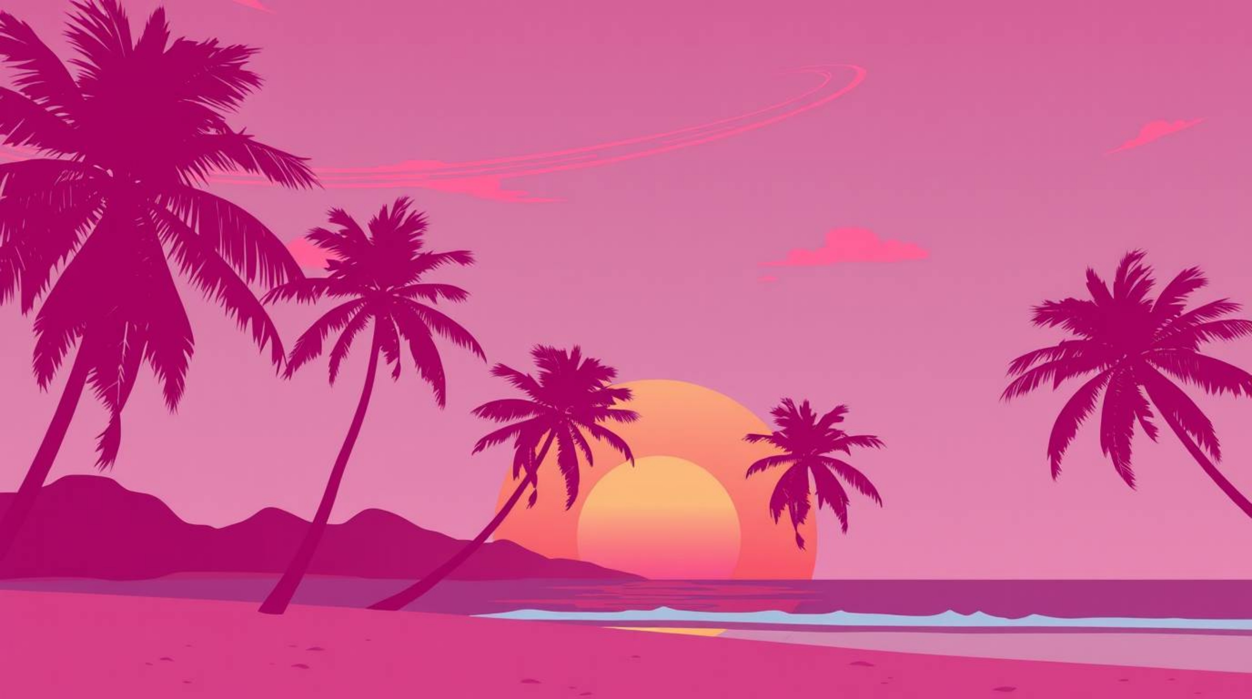 Experience a mesmerizing surreal sunset scene on a tropical beach.  Palm trees sway gently against a vibrant, infrared-toned 