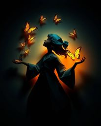 A captivating piece depicting a girl in an intricate origami style, releasing butterflies into the air. The artwork utilizes 
