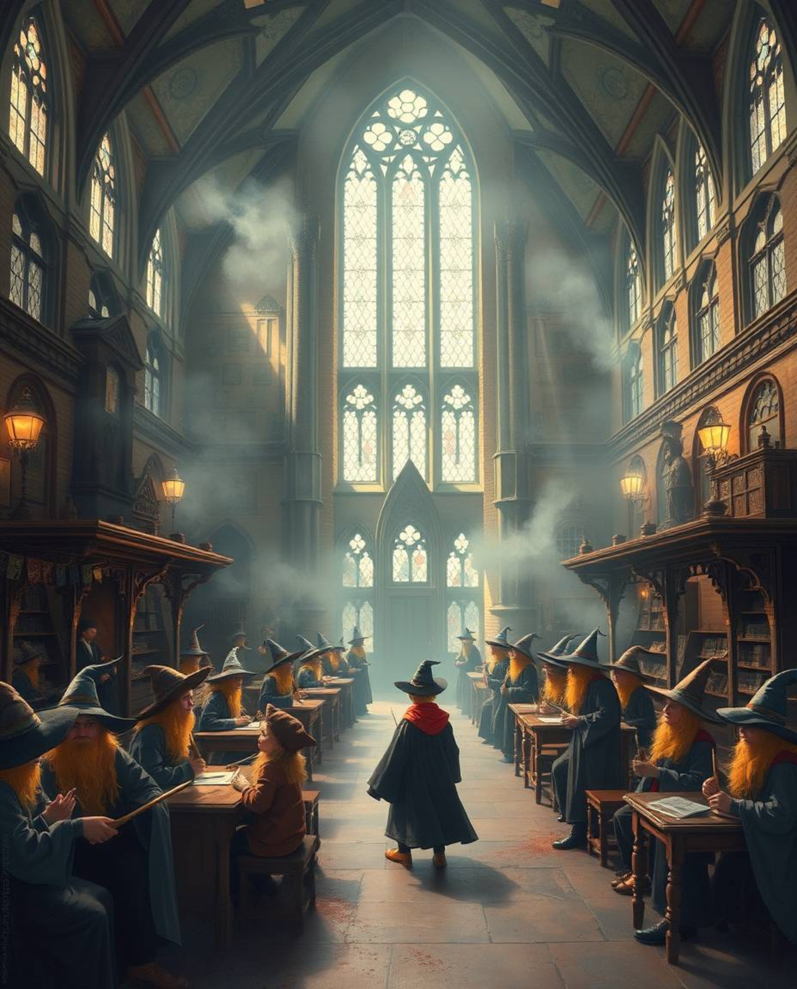 Immerse yourself in a magical school brimming with young wizards, where a distinct split composition is artfully presented, f
