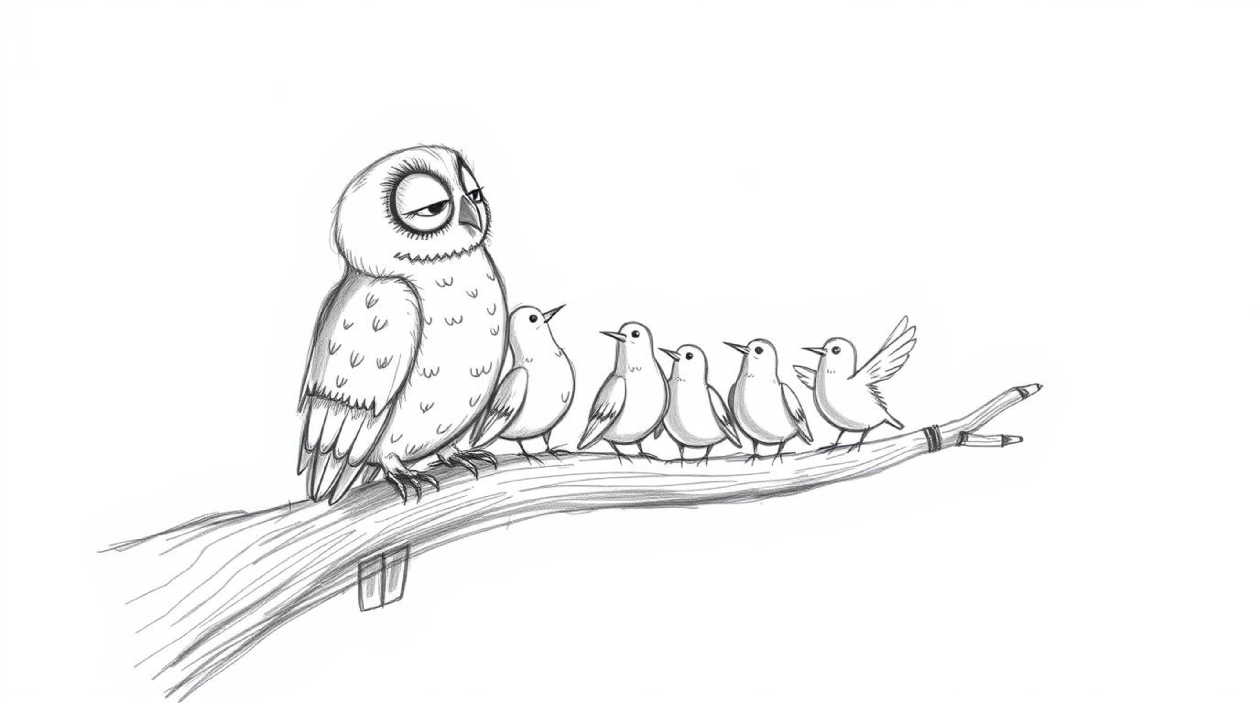 A charming hand-drawn sketch in the style of Pixar depicts a blind owl with soft feathers, perched on a hollow branch, passio