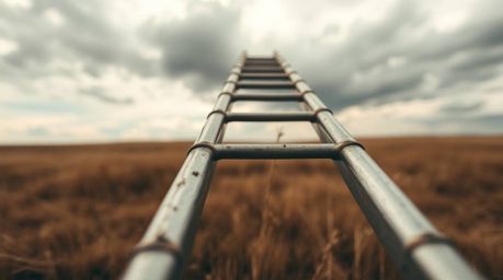 An extreme macro close-up captures a silver ladder in an open field beneath a cloudy sky, showcasing natural earth tones of b