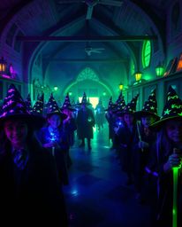 A high-resolution stock photo depicting a magical school brimming with young wizards.  The scene is illuminated by vibrant, g