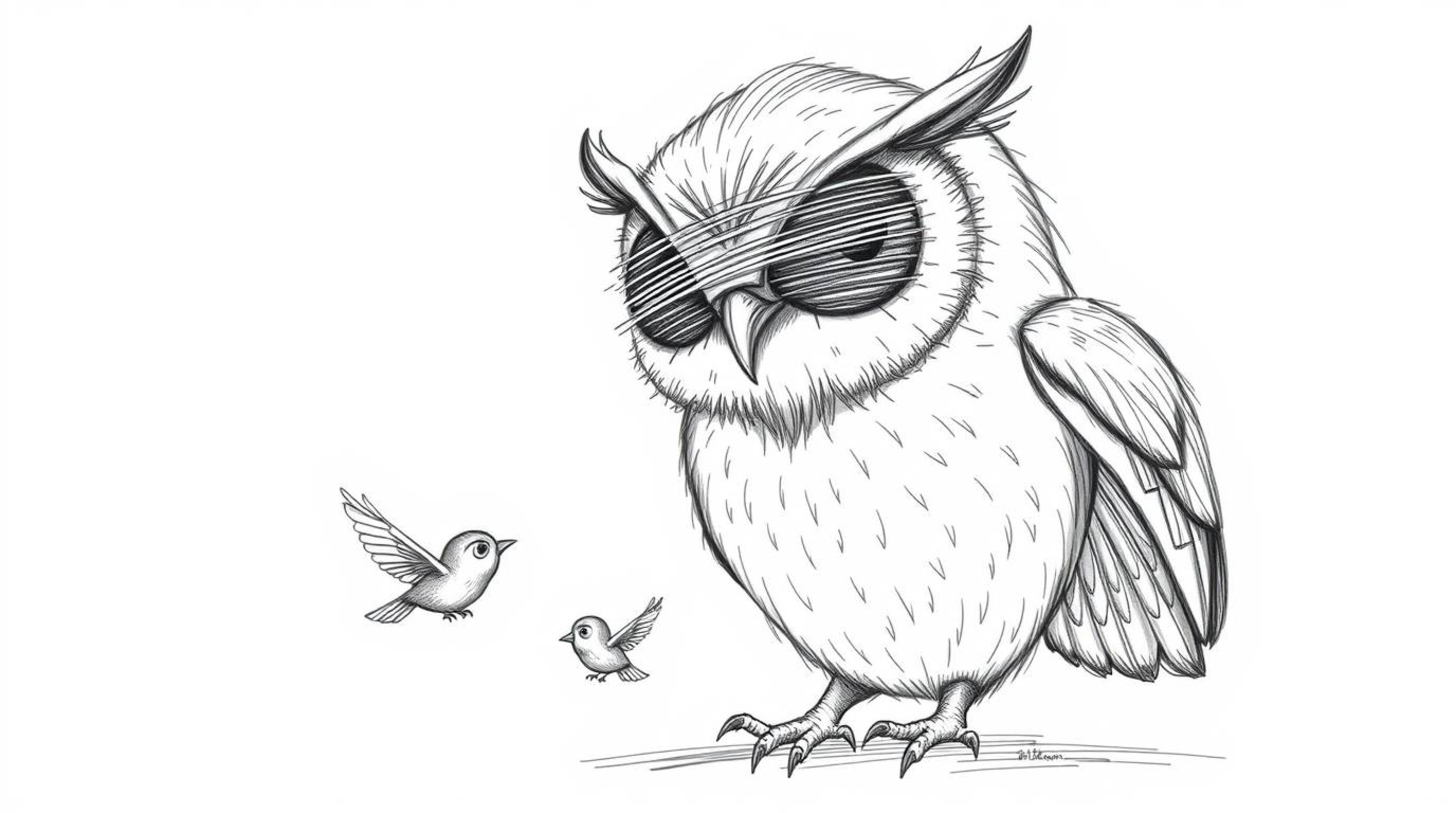 A heartwarming hand-drawn sketch in Pixar style depicts a blind owl, its detailed feathers rendered with textured pencil stro