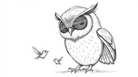 A heartwarming hand-drawn sketch in Pixar style depicts a blind owl, its detailed feathers rendered with textured pencil stro