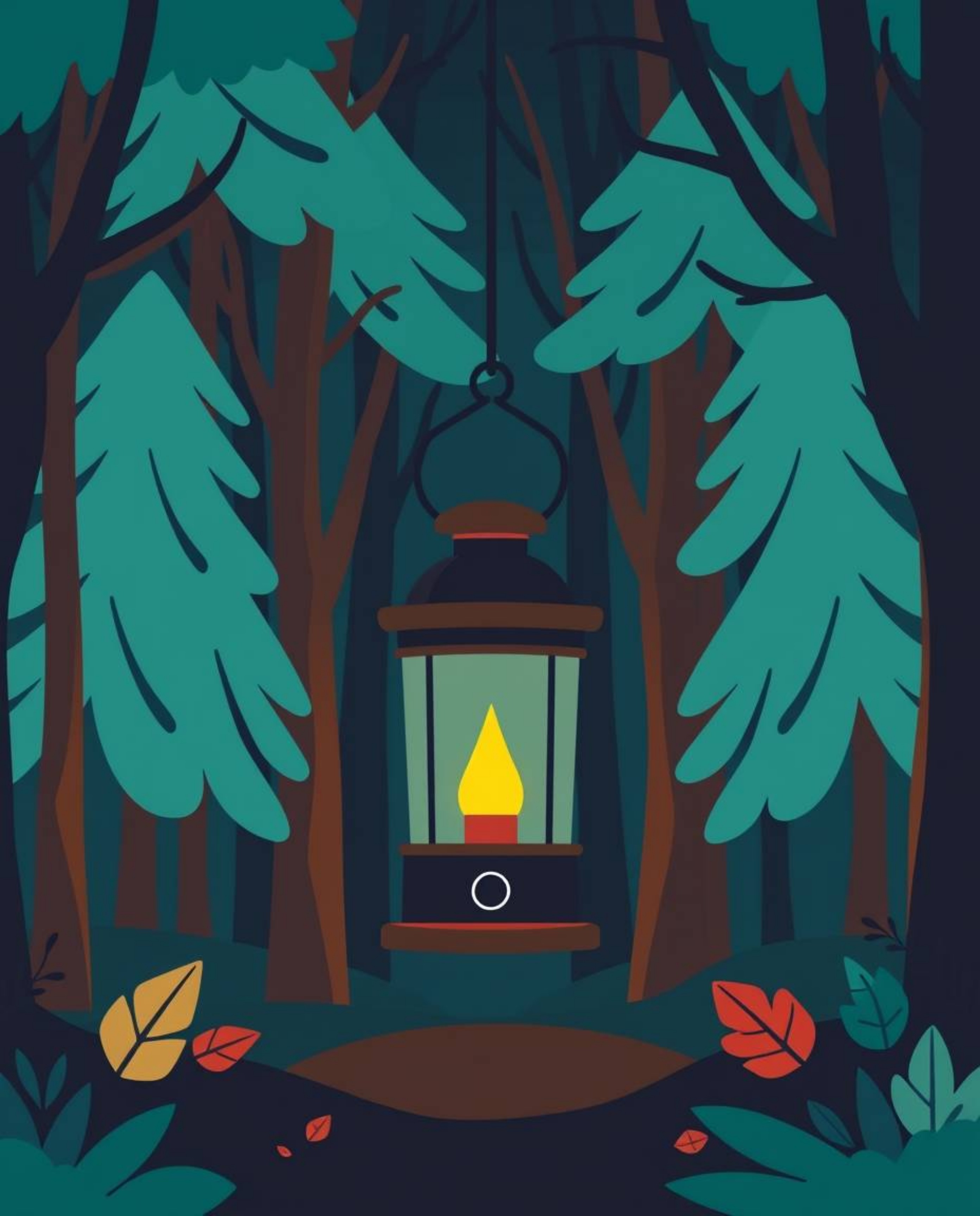 A captivating image featuring a glowing lantern illuminating a dark forest, rendered in a modern flat design aesthetic. The i