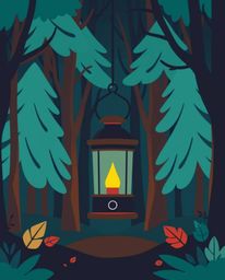 A captivating image featuring a glowing lantern illuminating a dark forest, rendered in a modern flat design aesthetic. The i