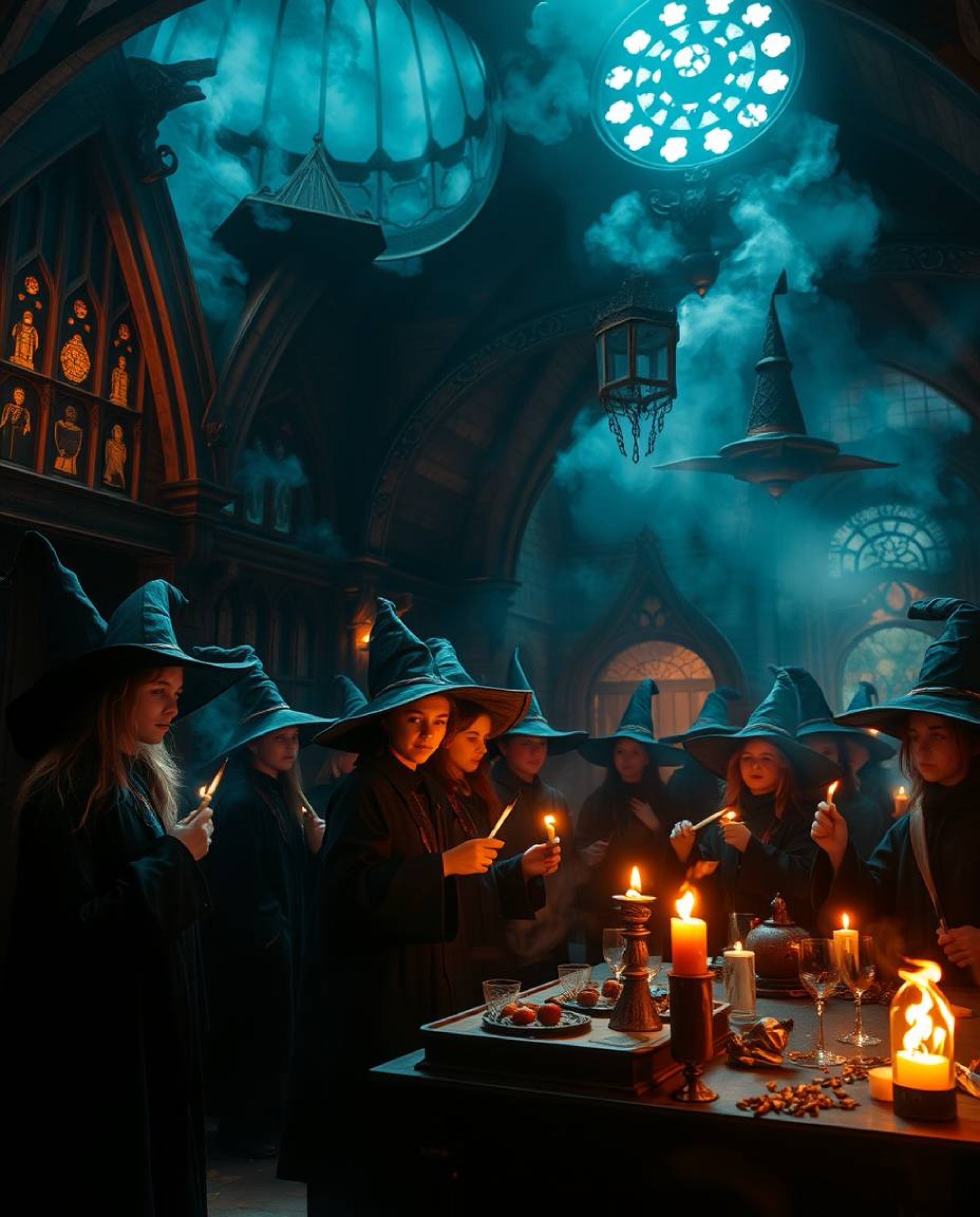 Immerse yourself in a magical school brimming with young wizards, bathed in intense dramatic lighting and warm autumn colors.