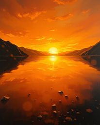 A classic oil painting depicts a sunset reflected in a glassy fjord. This artwork is characterized by a warm golden glow, ric