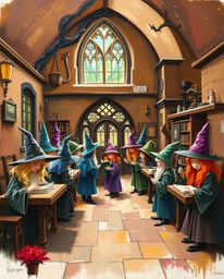 A captivating acrylic painting depicts a magical school brimming with young wizards. Rendered in bold strokes and a natural p
