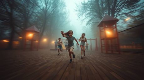 Experience a dramatic slow-motion journey through a playground, captured with a dreamy atmosphere and soft, hazy light. This 