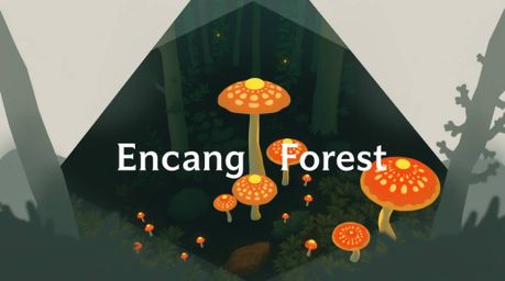 This geometric logo design is inspired by a high-angle view of a vintage-style enchanted forest, featuring glowing mushrooms,