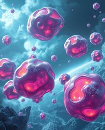 Immerse yourself in a futuristic sci-fi world with this stunning illustration featuring intensely lit, floating 3D blobs of f