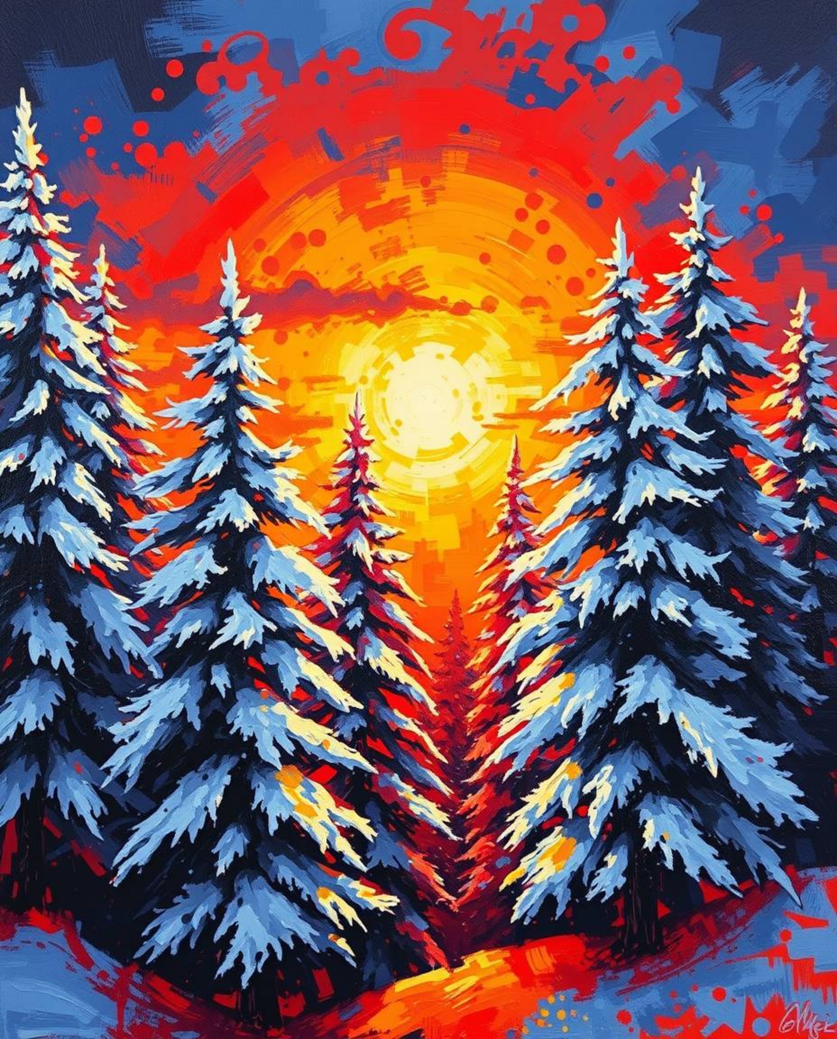 A bold acrylic painting captures the vibrant sunset light sparkling on snowy pine trees. This artwork is defined by its inten