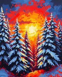 A bold acrylic painting captures the vibrant sunset light sparkling on snowy pine trees. This artwork is defined by its inten